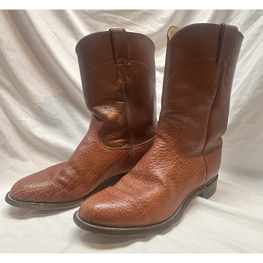 VTG Justin Roper Cowboy Western Boots 8D Two Tone Brown Bull Hide USA Made Boho